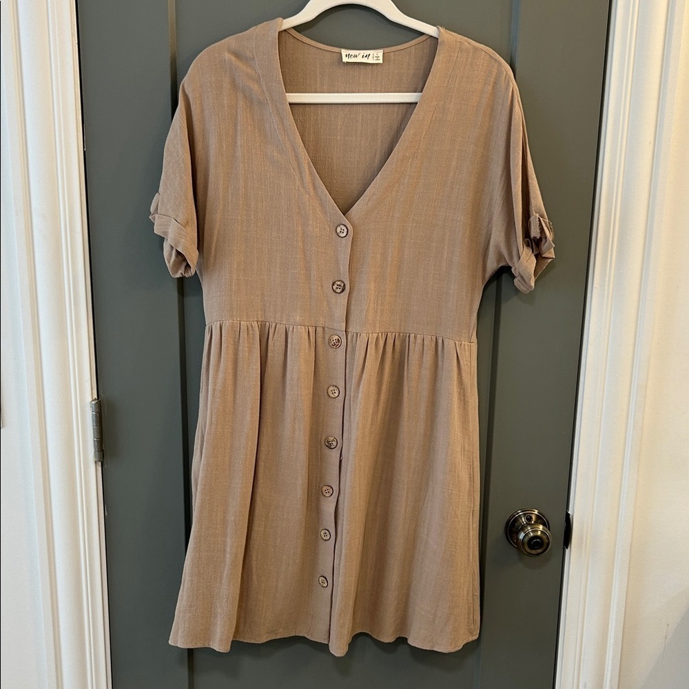 New In  Tan Button-Down V-Neck Dress size large